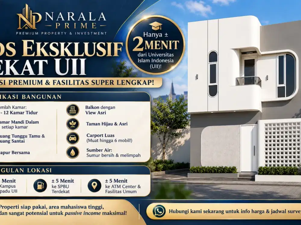KOST DIJUAL DEKAT KAMPUS UII BISA 8-12 KAMAR SHM READY