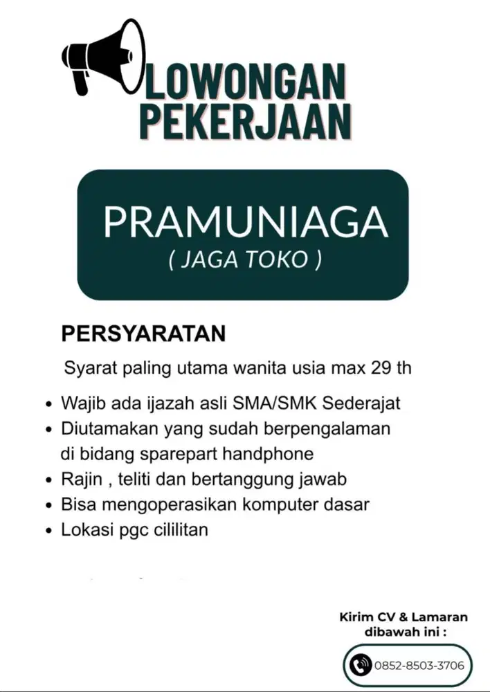 LOWONGAN KERJA KASIR DAN PRAMUNIAGA