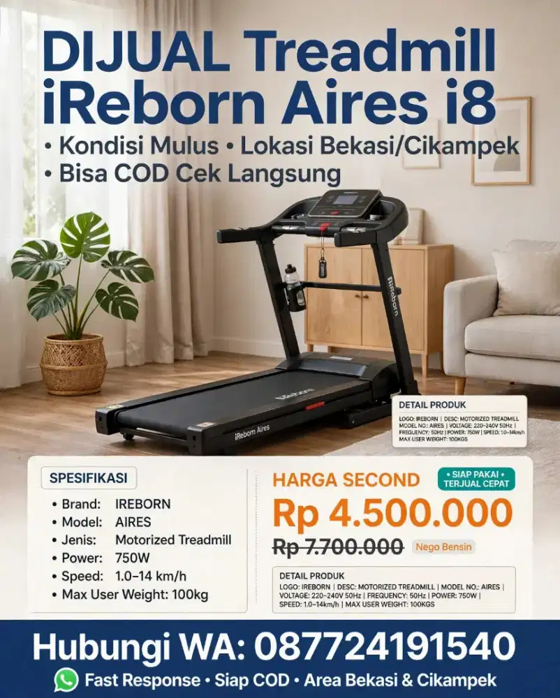 Jual cepat Treadmill elektric second iReborn i8 750 W speed 1-14