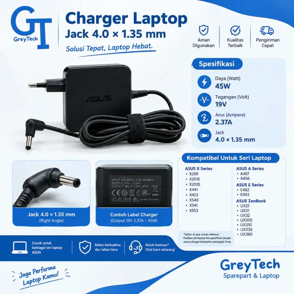 CHARGER ASUS 45W 19V 2.37A JACK 4.0×1.35MM X441 X200 A407 A456 UX21