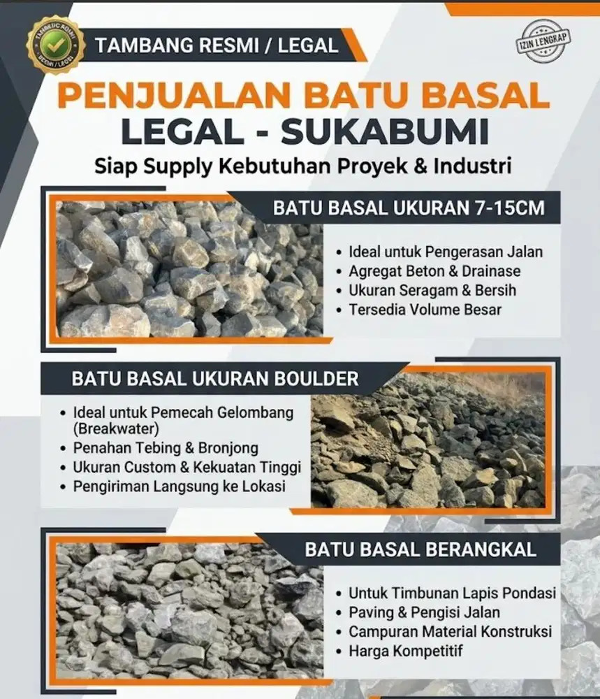 Batu Basal 3 ukuran langsung tambang