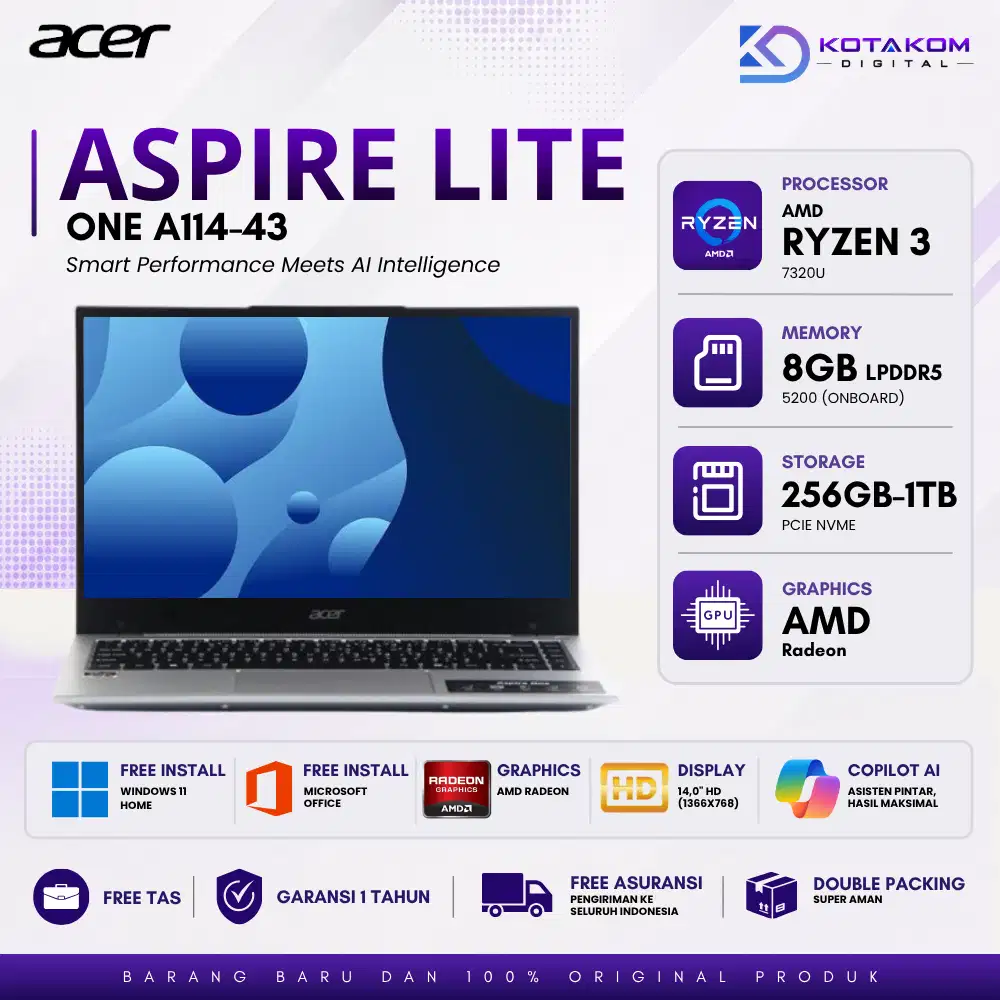 BEST SELLER! ACER ASPIRE ONE A114-43 RYZEN 3 7320U 8GB LPDDR5 256GB