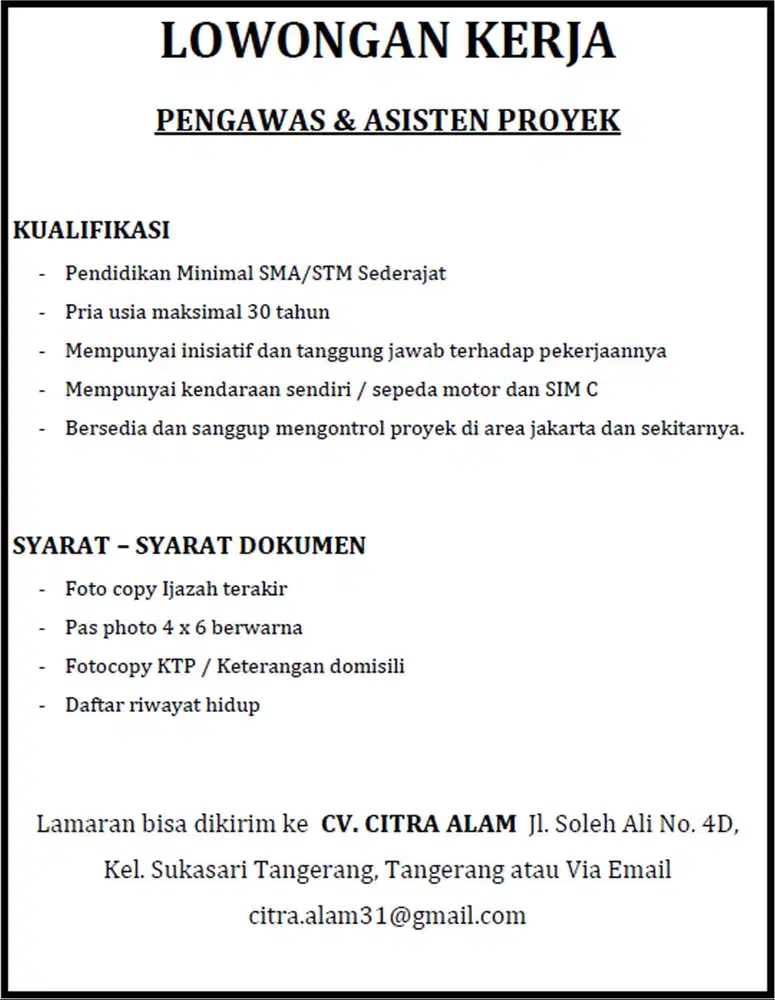 LOWONGAN KERJA PENGAWAS & ASISTEN PROYEK