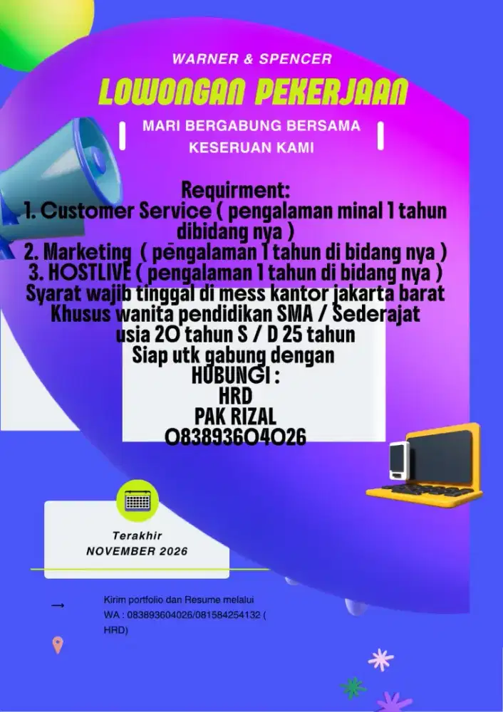 URGENT MEMBUTUHKAN CUSTOMER SERVICE , MARKETING , HOSTLIVE