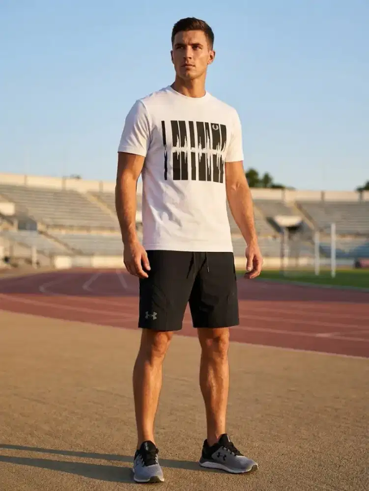 Fred perry soundwave kaos putih / under amour celana pendek hitam