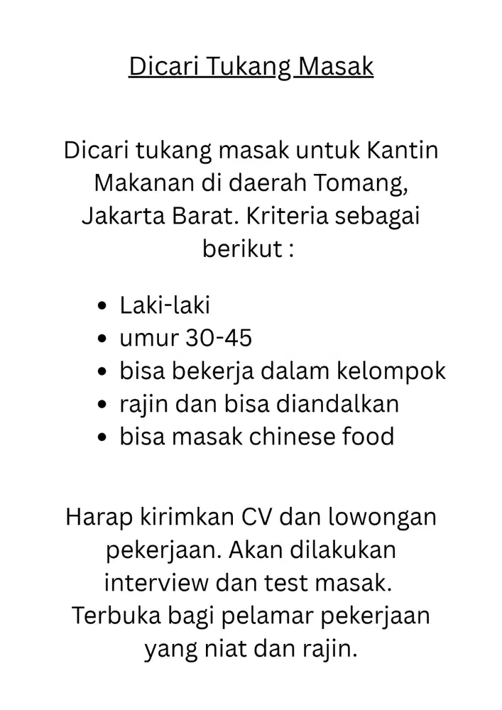 Lowongan pekerjaan Tukang Masak