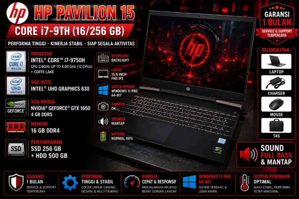 HP PAVILION 15  - Core i7-9TH (16/256 Gb) 
•Nvidia GTX 1650 4 gb