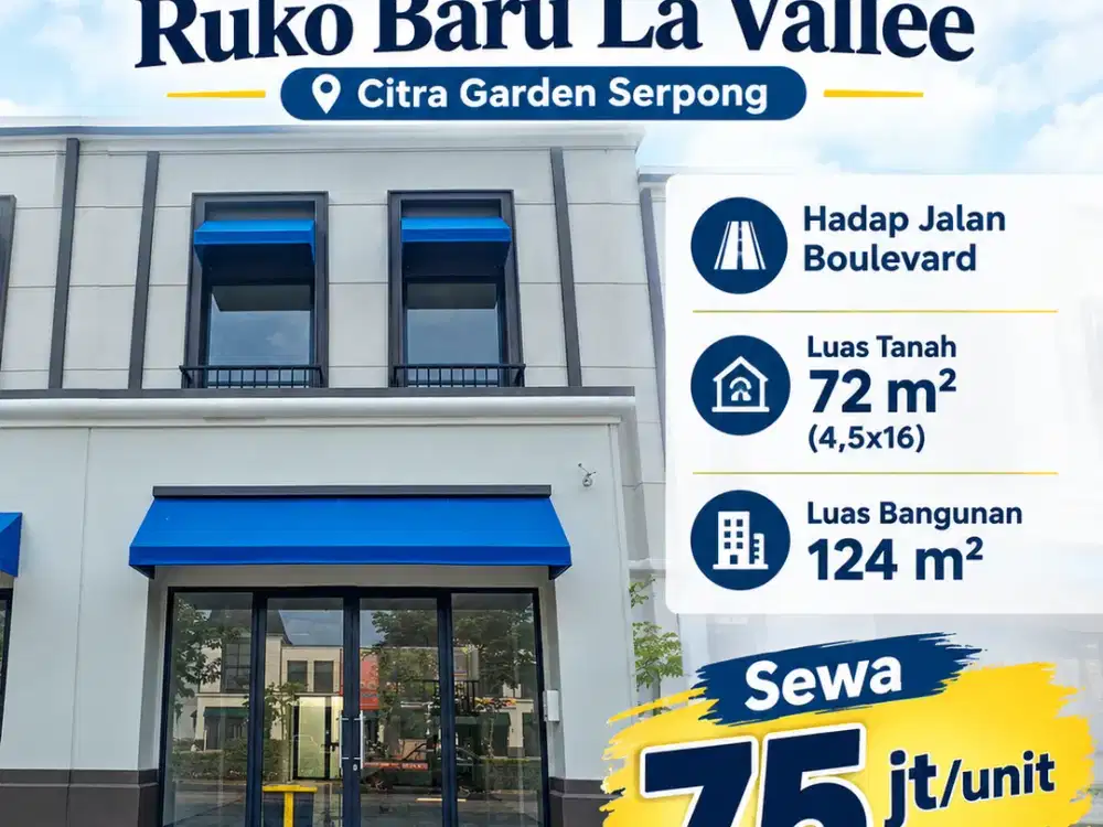 DISEWAKAN RUKO BARU LA VALLEE CITRA GARDEN SERPONG – HADAP JALAN BOULEVARD, LT 72 m² (4,5x16), LB 124 m², TERSEDIA 3 UNIT GANDENG ATAU SATUAN, HARGA 7
