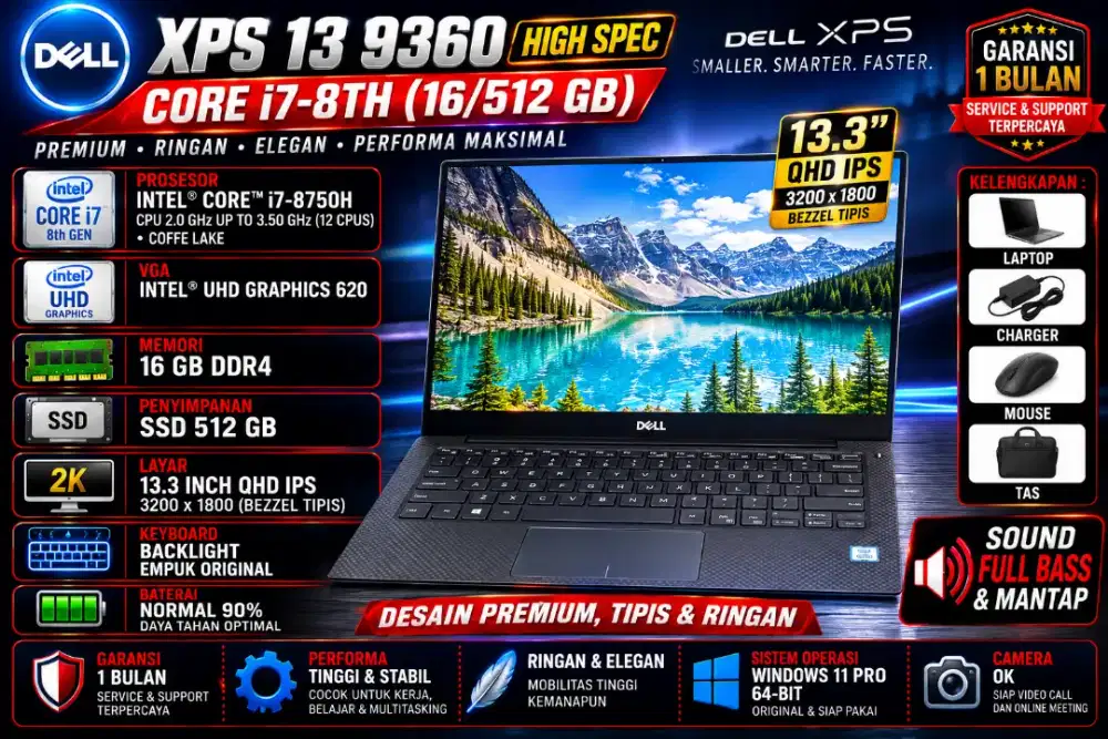Dell XPS 13 9360 - Core i7-8TH (16/512 Gb) 
Layar QHD IPS 4K