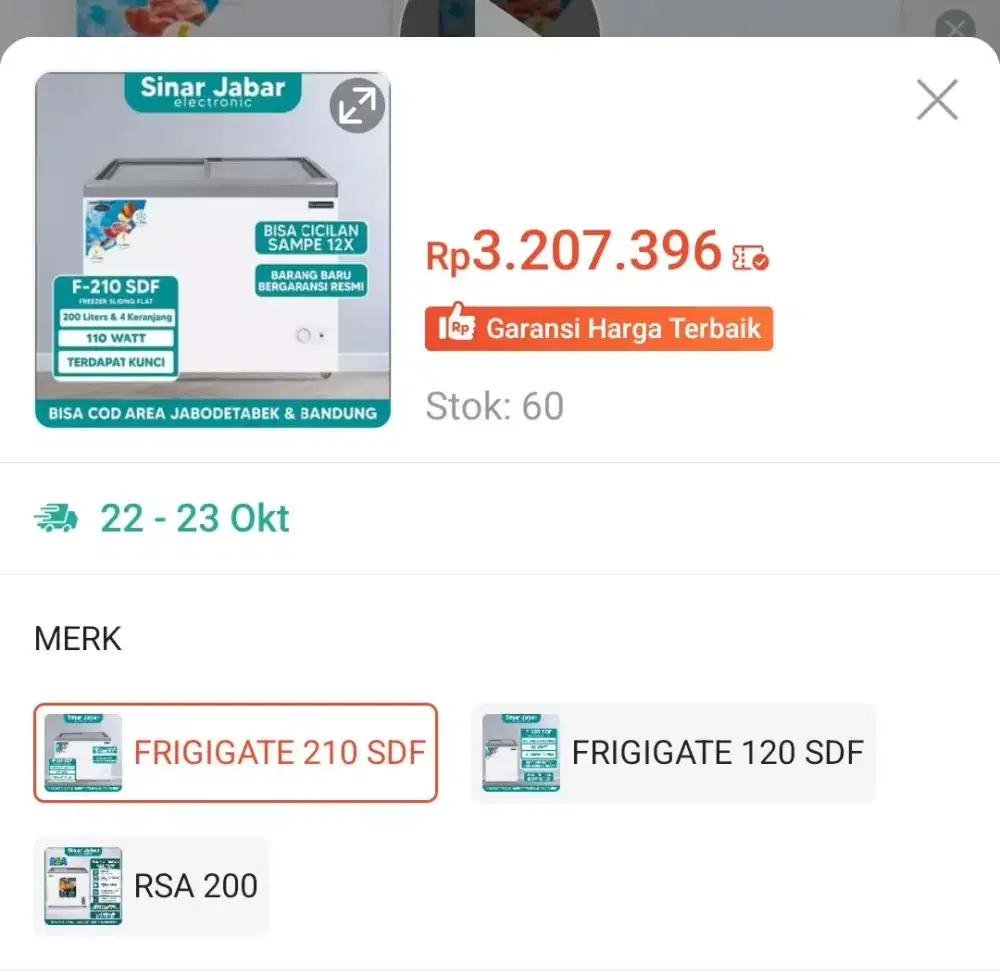 Freezer sliding 200L Inverter 110 watt baru 2 minggu