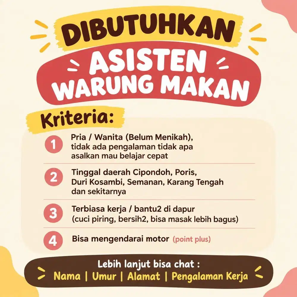 Dibutuhkan Asisten Rumah Makan