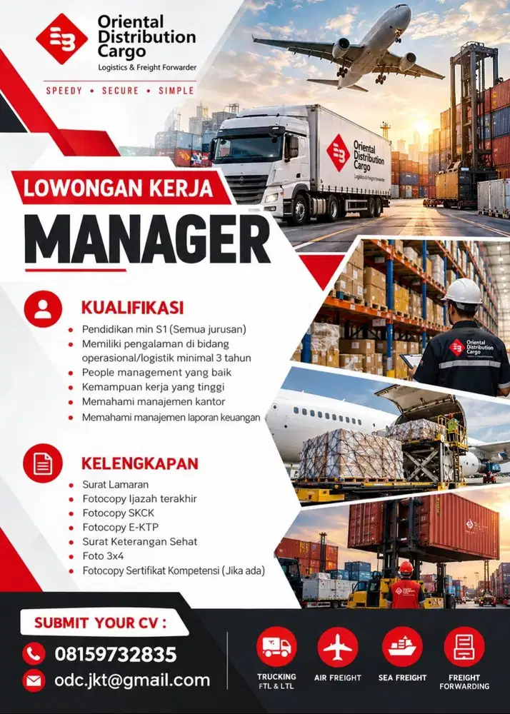 LOWONGAN KERJA MANAJER EKSPEDISI / CARGO / LOGISTIK