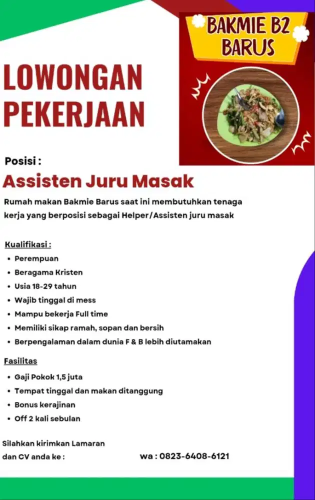Dibutuhkan tenaga kerja sebagai Asisten juru masak