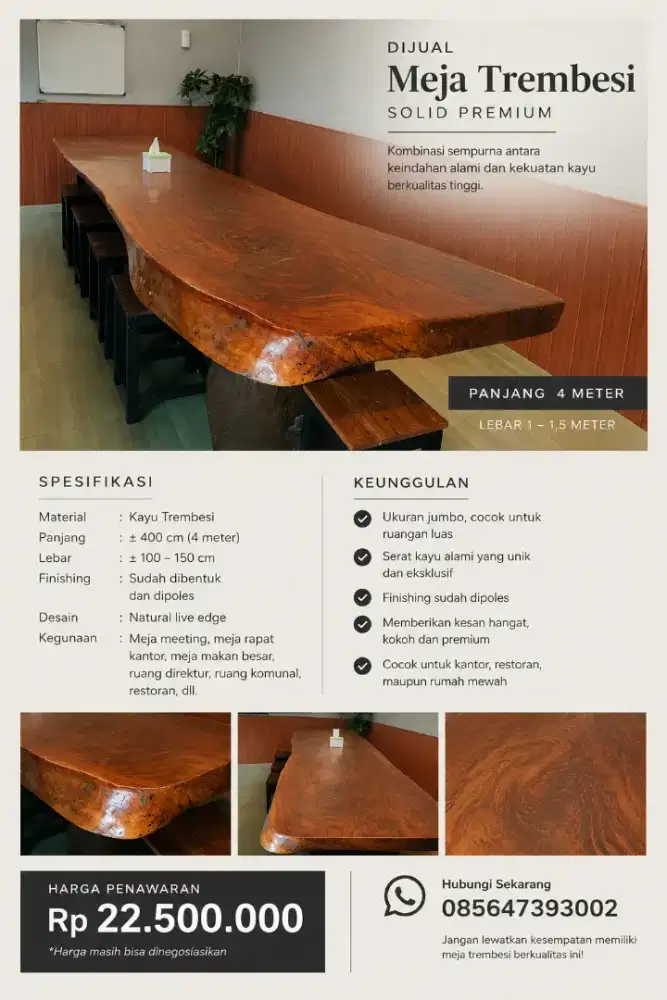 MEJA TREM BESI SOLID PREMIUM 4 METER – NATURAL LIVE EDGE, ELEGAN