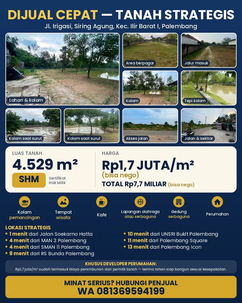 Dijual Cepat Tanah Strategis Jl. Irigasi Pakjo ilir barat 1, Palembang