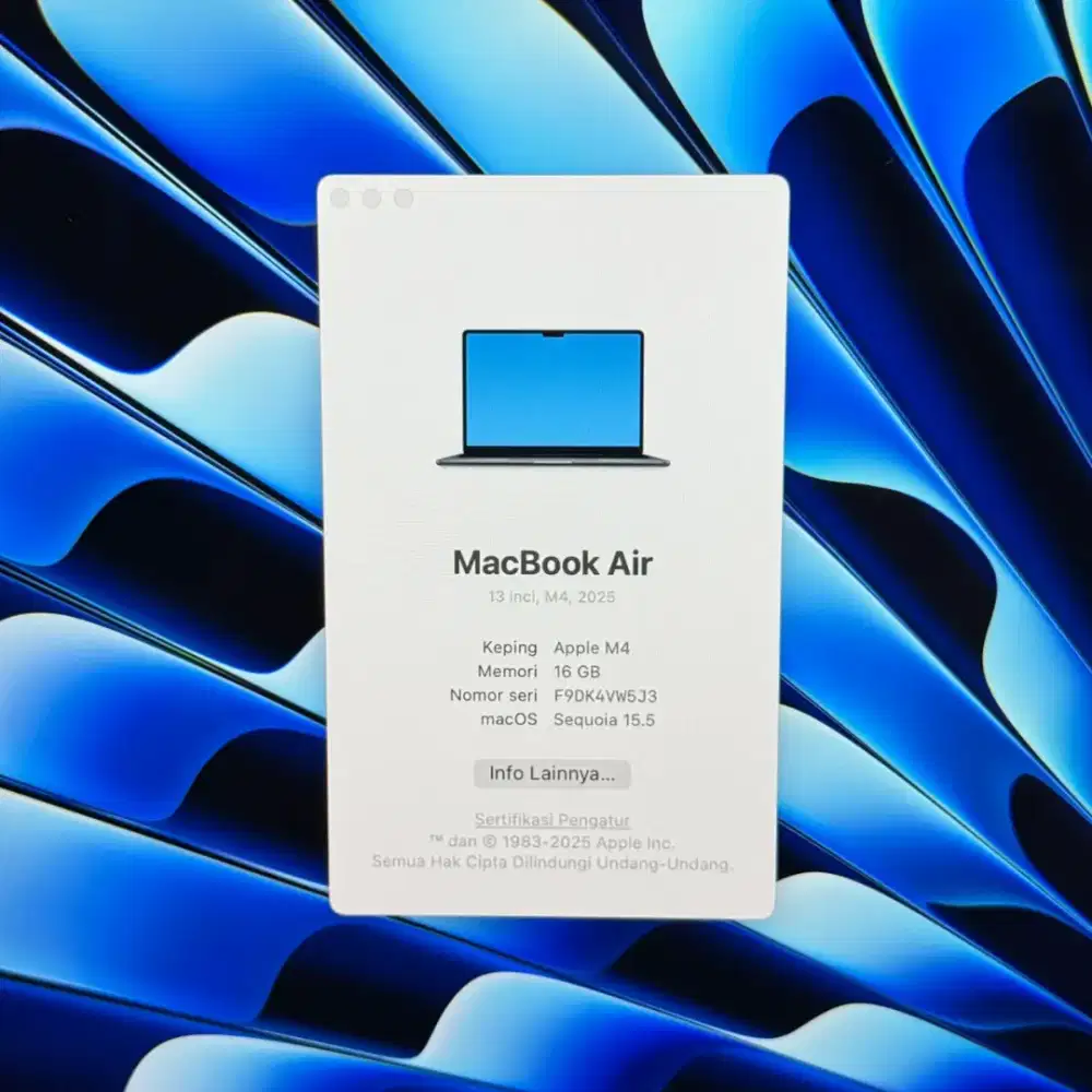Macbook Air M4 Ram 16 Ssd 256 Layar 13 inch Midniht blue 
Desian