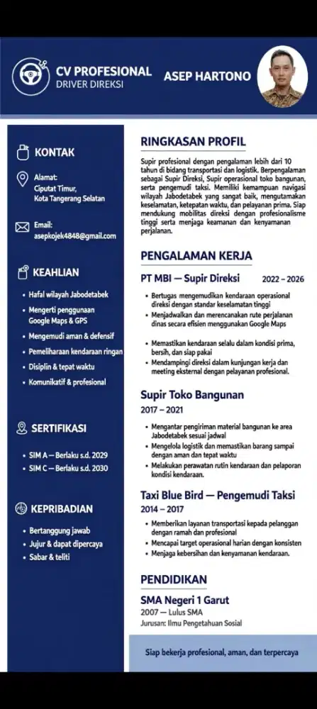 Sedang cari pekerjaan driver luar dan dalam kota