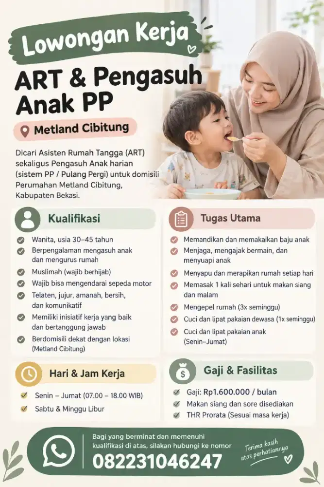 Lowongan Kerja ART & Pengasuh Anak PP - Metland Cibitung