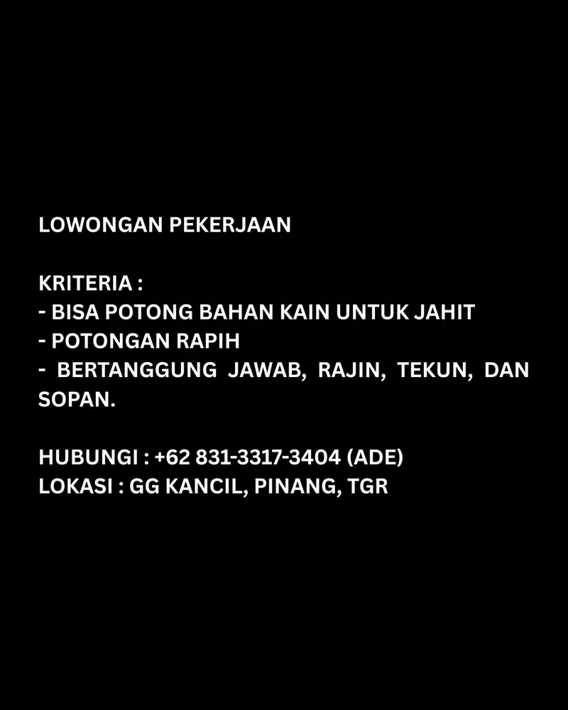 LOWONGAN PEKERJAAN TUKANG POTONG