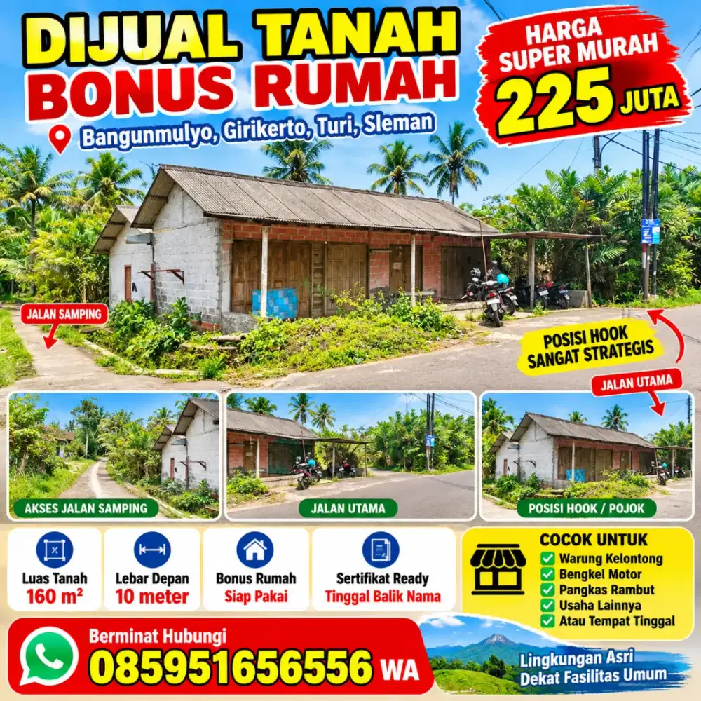Jual tanah bonus bangunan untuk usaha di Kampoeng Girikerto Turi