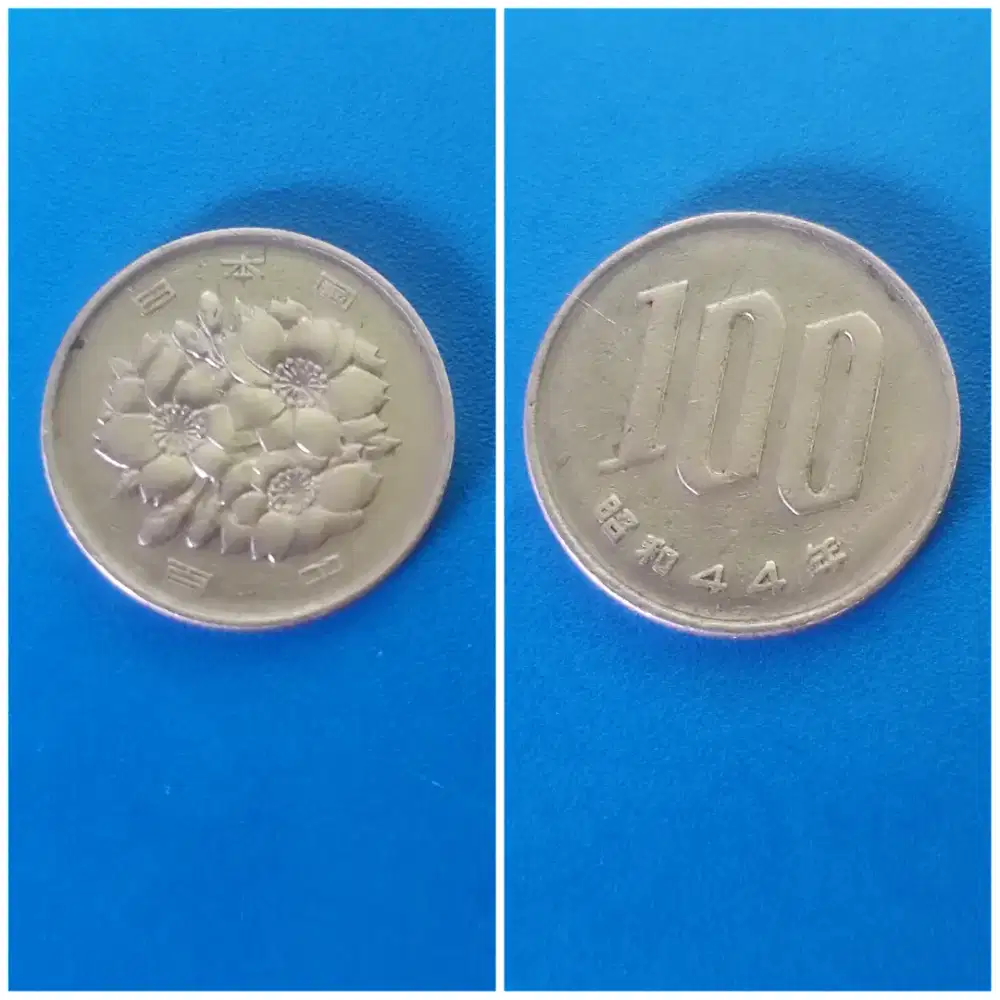 uang koin pecahan 100 Yen dari Jepang keluaran tahun Showa ke-44 1969