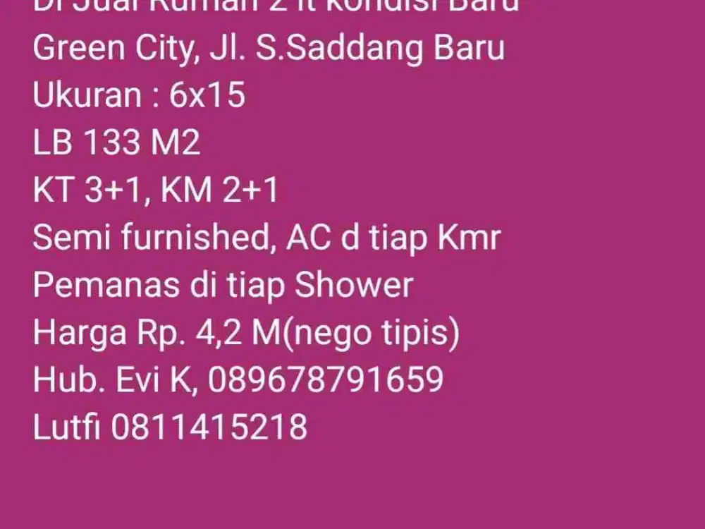 Dijual Rumah 2 lantai di Perum. Green City Jl. S. Saddang Baru Makassar
