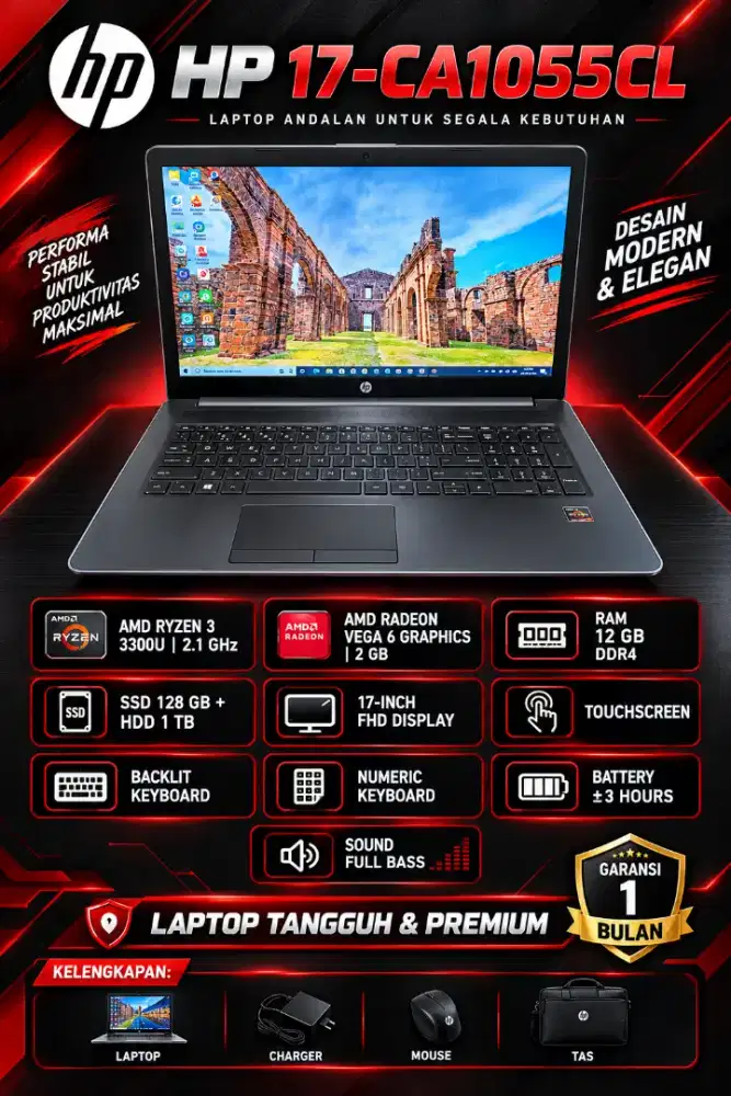 HP 17-CA1755  •AMD Ryzen 3 3300U 2.1 ghz •Ram 12 gb •Ssd 128+ 1 tb