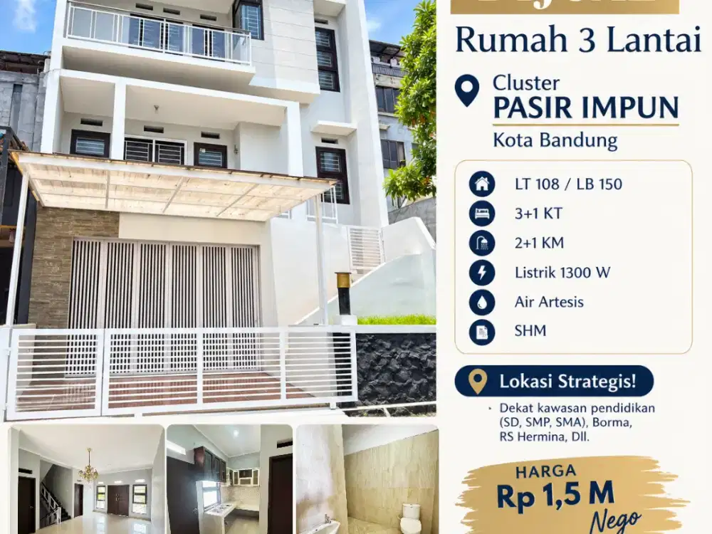 Dijual rumah 3 lantai siap huni di Cluster Pasir Impun, Kota Bandung