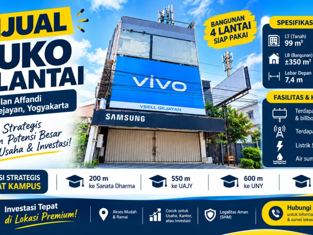 Dijual Tempat Usaha Ruko Komersial 4 Lantai Gejayan SHM Lokasi Strategis di Pusat Kota