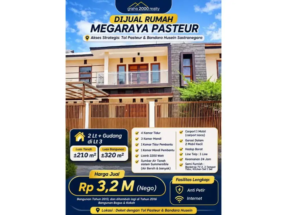 Dijual Rumah Megaraya Pasteur Bandung LT 210 m² LB 320 m² 4 Kamar Tidur Garasi 2 Mobil SHM