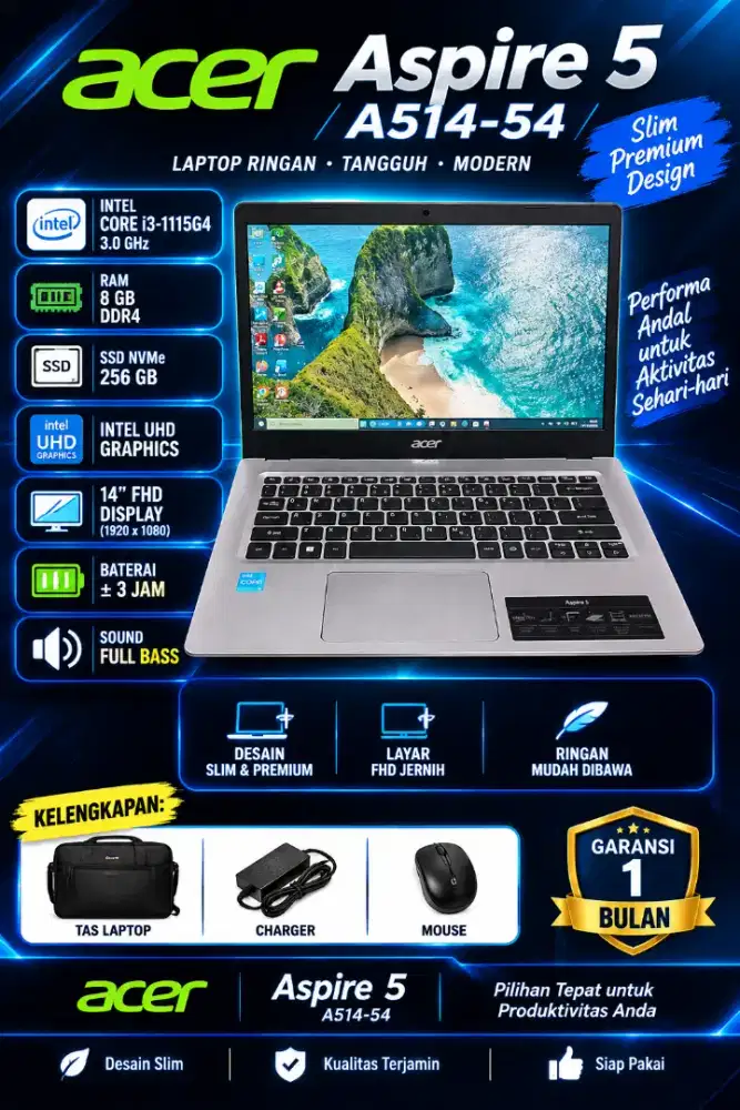 ACER Aspire 5 A514-54 •Core i3-gen11 3 ghz •Ram 8  •SSD 256  •14” FHD