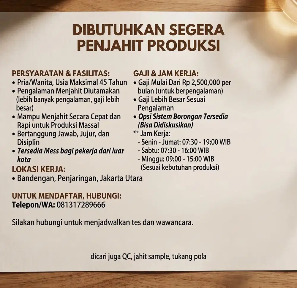 Dicari PenJahit Produksi, PenJahit Sample, Tukang Pola - QC garment
