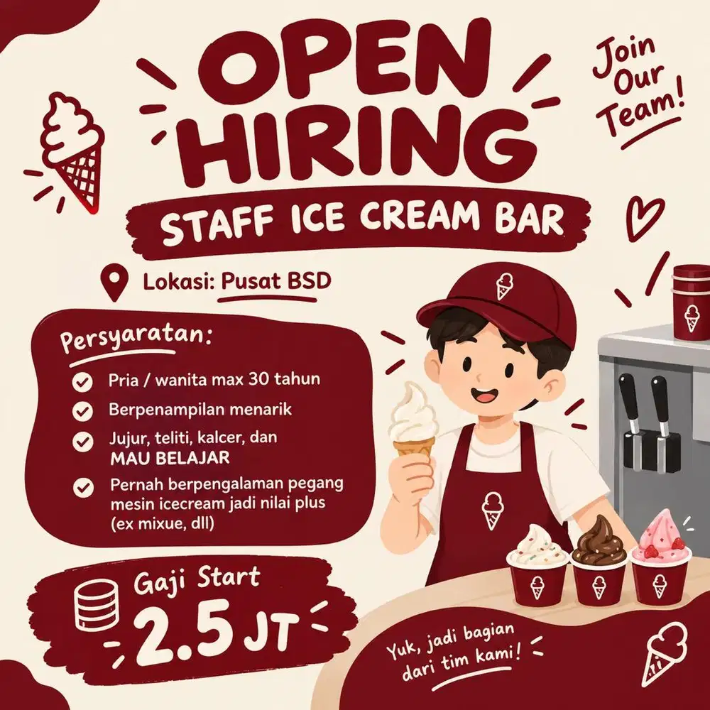 Dibutuhkan Staff Ice Cream Bar, Lokasi BSD