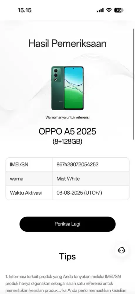 Jual HP OPPO A5 2025 8/128 istimewa fullset original tinggal pakai