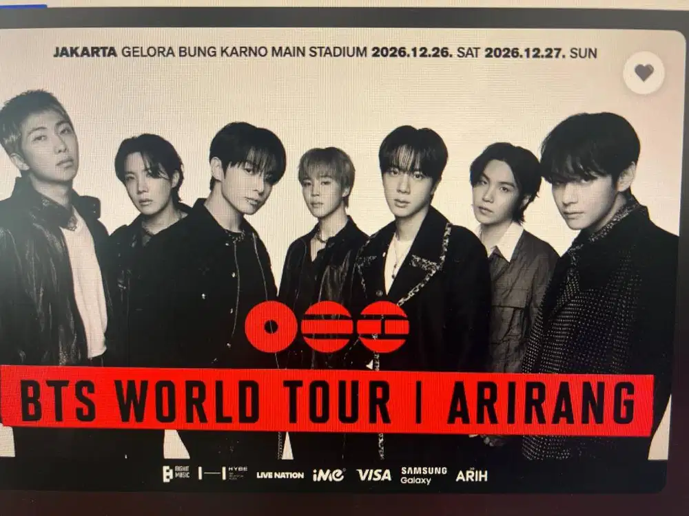 TIKET BTS ARIRANG JAKARTA GBK SATURDAY 26/12/2026 (PLATINUM Tribune)