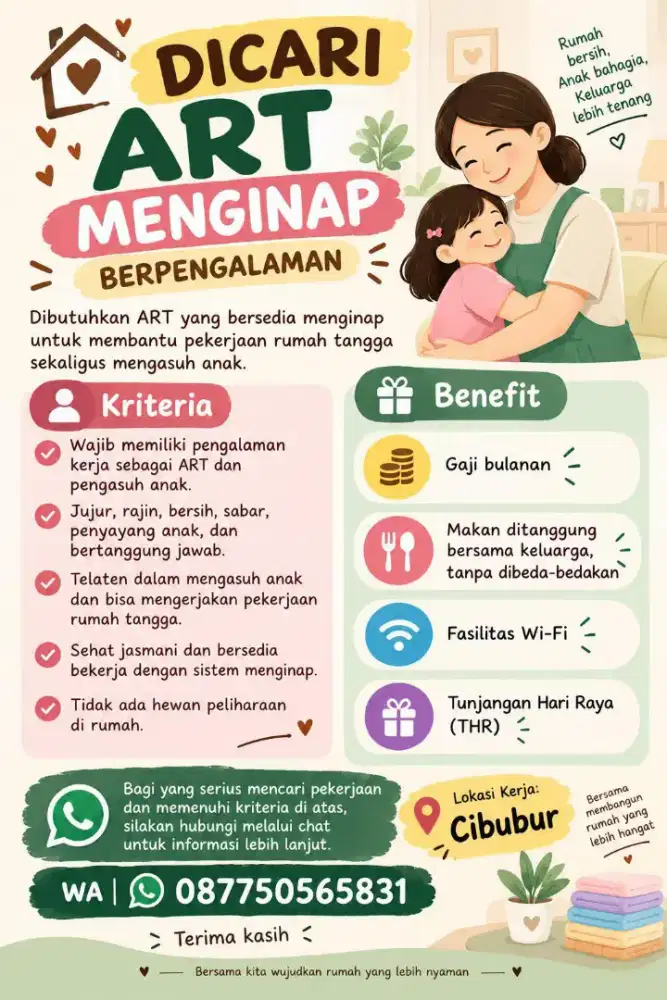 Dibutuhkan ART menginap atau PP