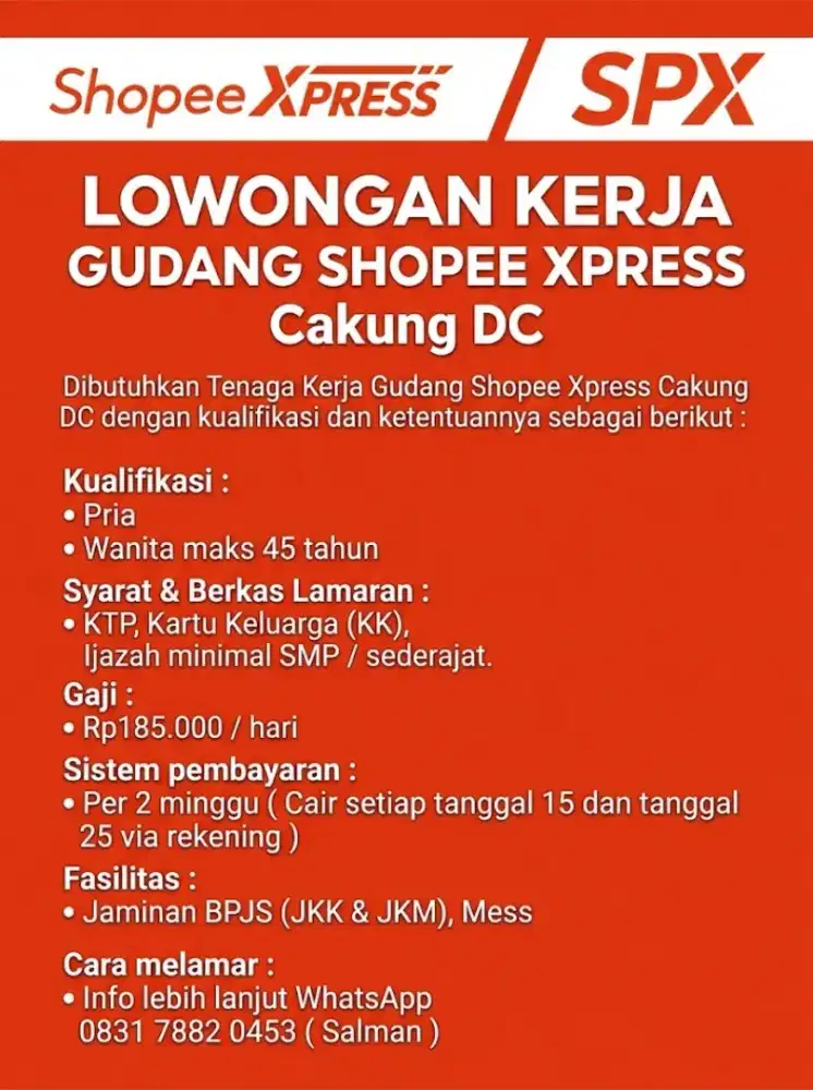 Lowongan Kerja Gudang Shopee Xpress Cakung DC