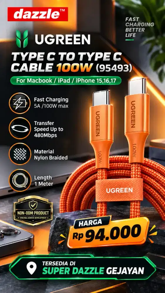 UGREEN TYPE C TO TYPE C CABLE 100W (95493)