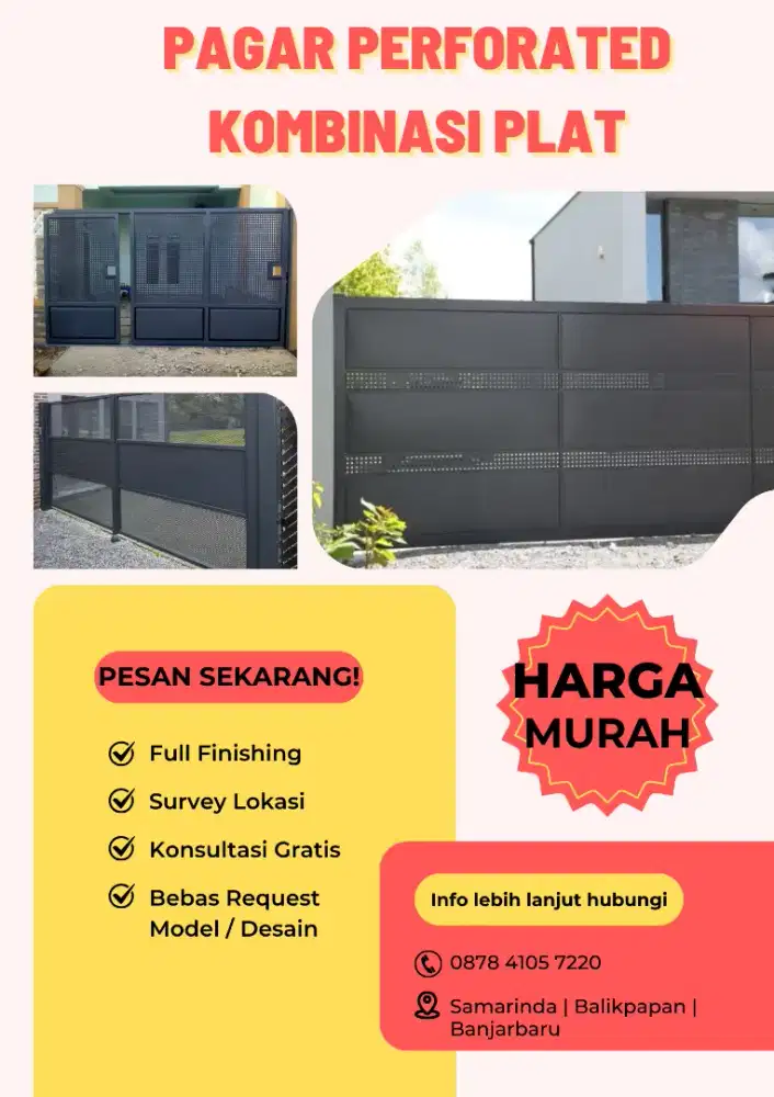 JUAL PAGAR PERFORATED KOMBINASI PLAT BESI MINIMALIS CUSTOM