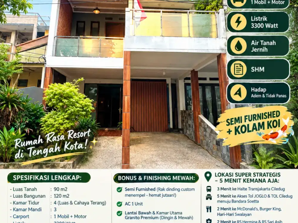 DIJUAL CEPAT - Rumah 2 Lantai Cantik di UBUD VILLAGE CILEDUG - LT 90 LB 120 - KT 4 KM 3 - Semi Furnished + Kolam Koi - SHM