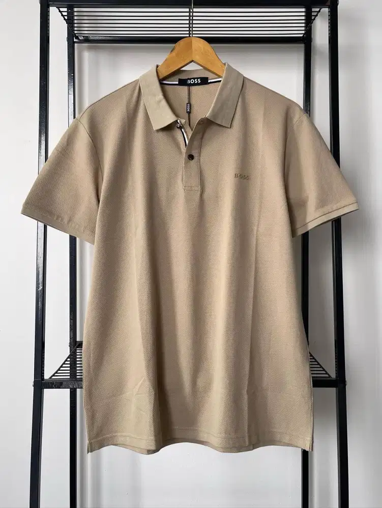 BOSS PALAS TEXTURED FIT COTTON POLO SHIRT IN BEIGE (L-XL)