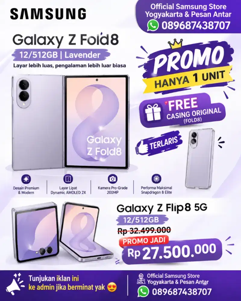 New Samsung Glx
Zfold 8 5G  12/512 Lavender  Free casing original