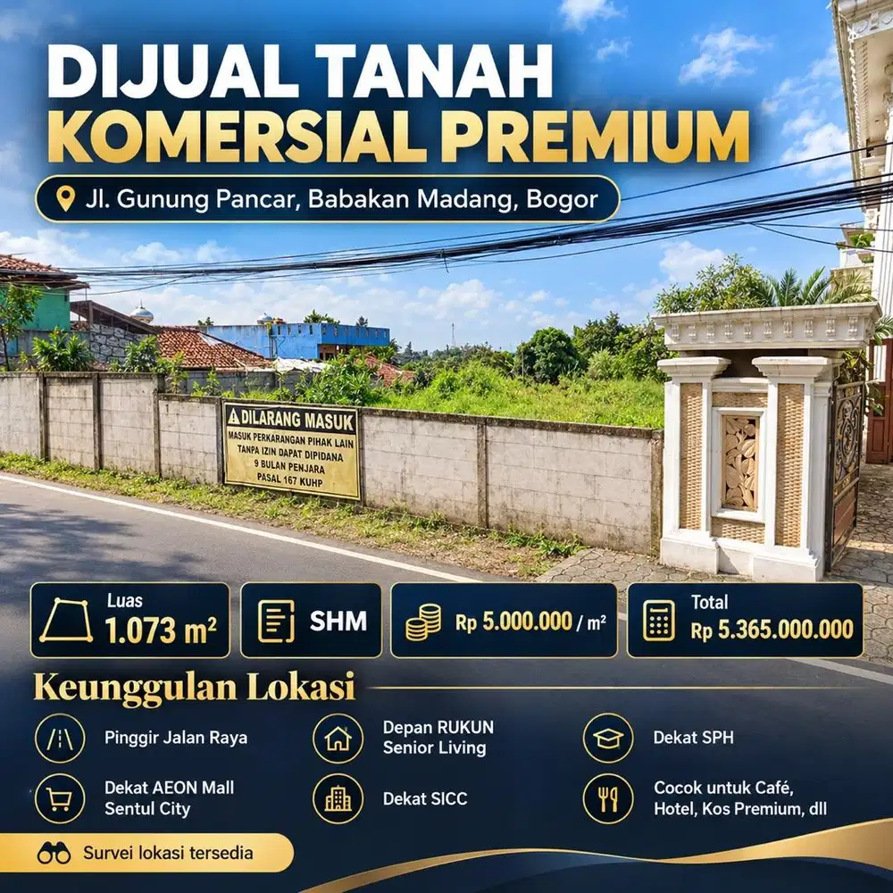 Jual Tanah SHM 1.073 m2 Pinggir Jalan Gunung Pancar Sentul Bogor