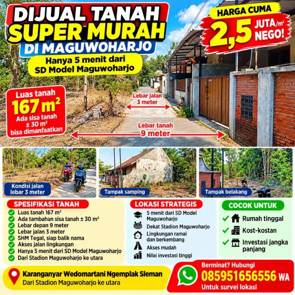 Dijual murah tanah di Utara stadion Maguwoharjo hanya 2,5 juta permete