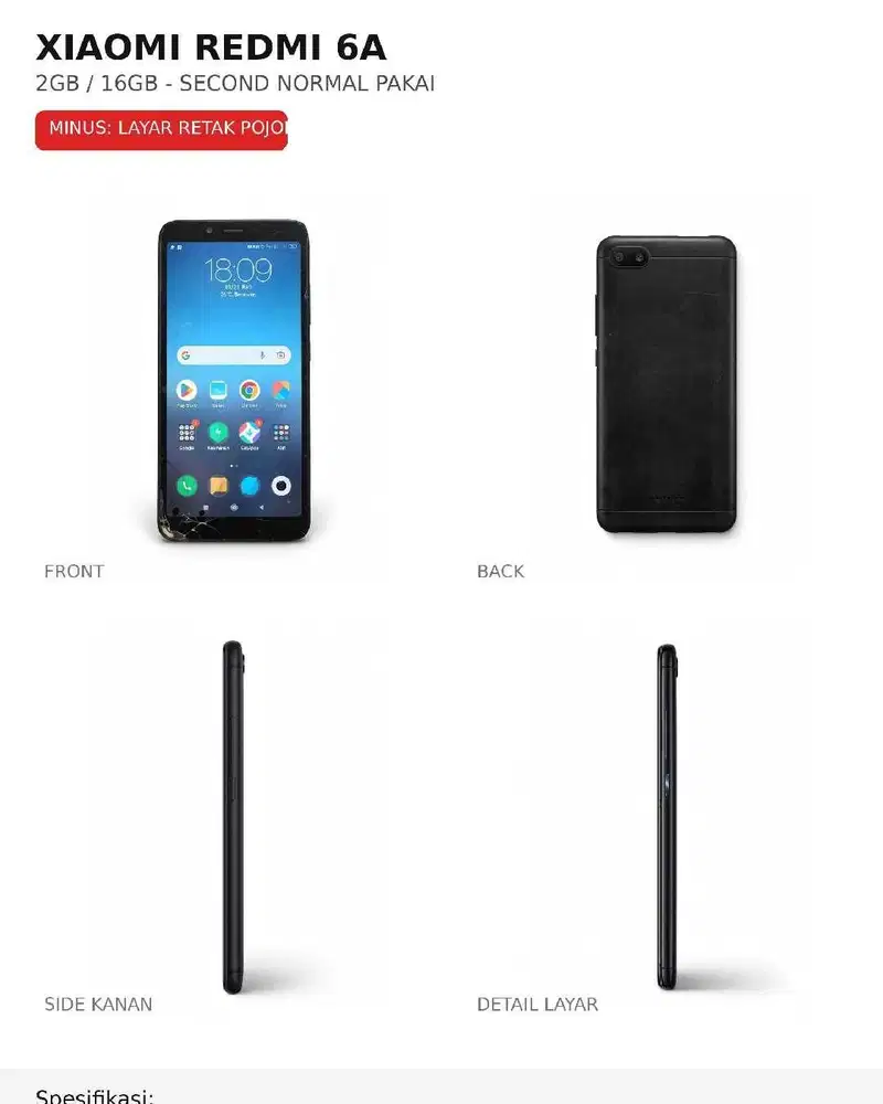 Xiaomi Redmi 6A 2/16GB Second Mulus - Minus Layar Retak Pojok - HP Aja