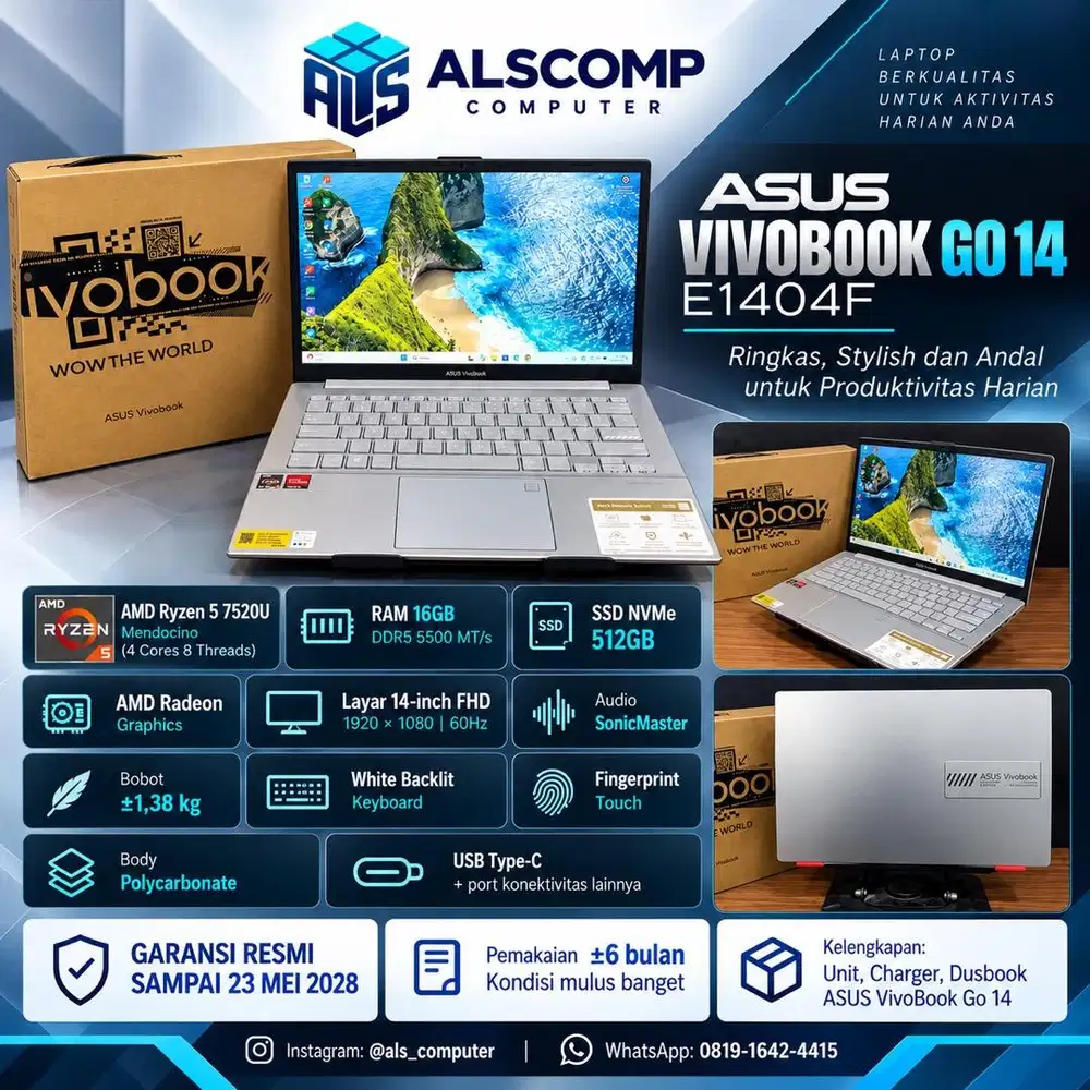 ASUS VIVOBOOK GO 14 E1404F AMD Ryzen 5 7520 RAM DDR5 16GB FULLSET BOX