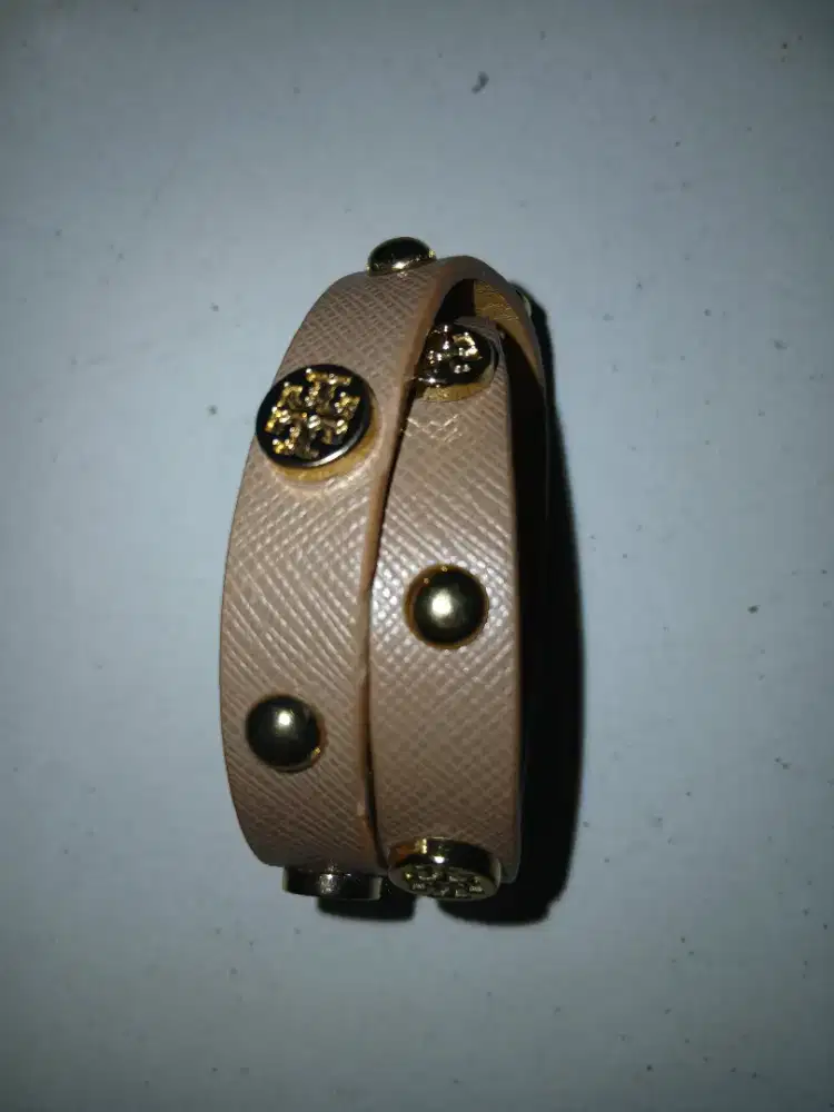 Tory Burch Leather Logo Stud Double Wrap Bracelet Brown