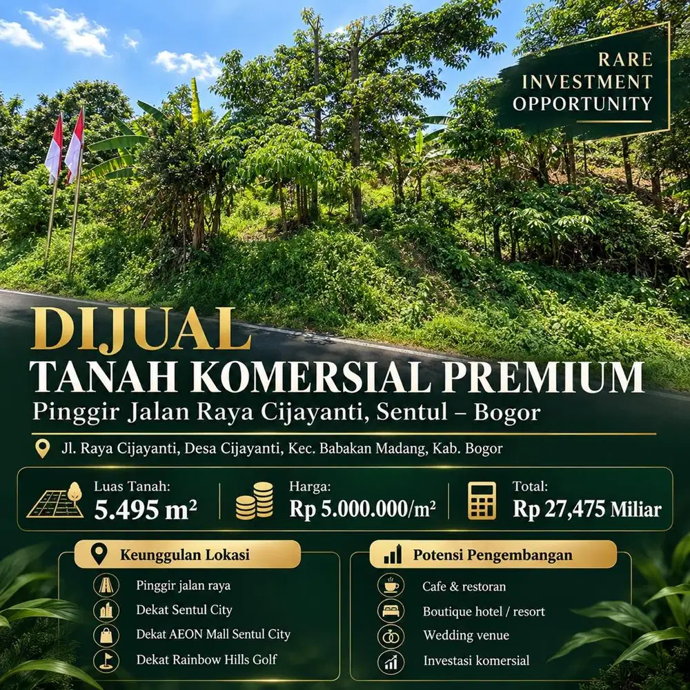 Dijual Tanah 5.495 m² Pinggir Jalan Raya Cijayanti Sentul Bogor