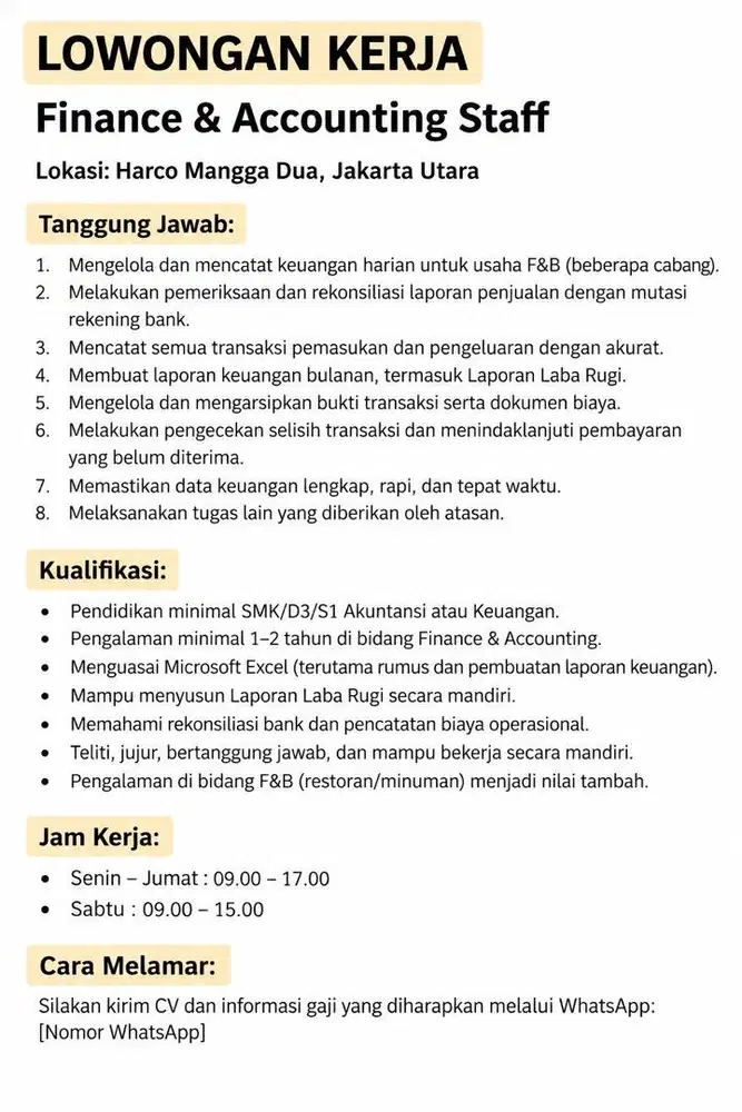 LOWONGAN KERJA  FINANCE & ACCOUNTING STAFF