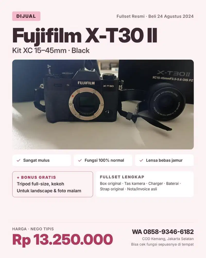 Fujifilm X-T30 II Kit XC 15-45mm Black Fullset Resmi + Bonus Tripod